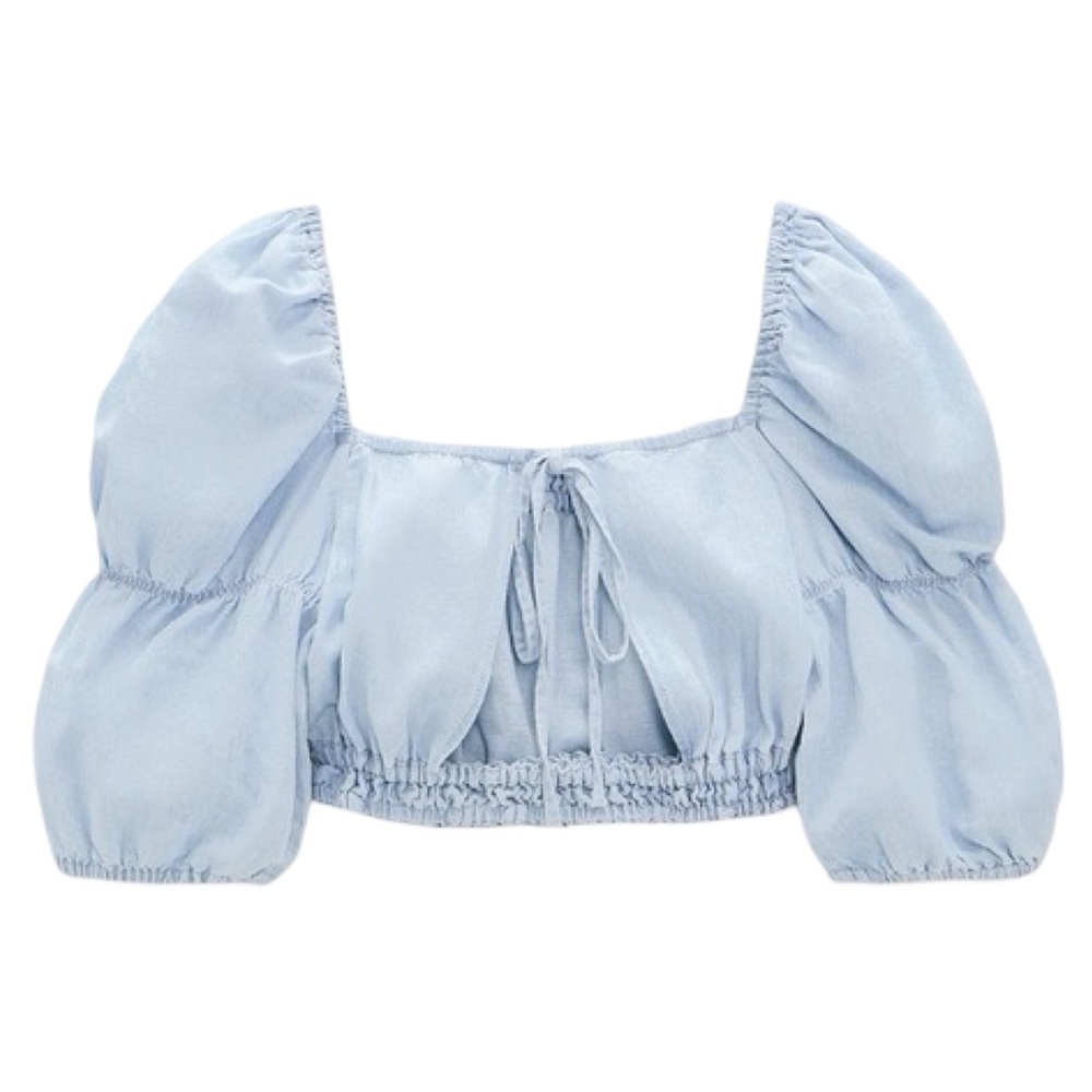 Zara Light Blue Cotton Linen Blend Puff Sleeve Crop Top XS Cottage Core Boho - Picture 8 of 13